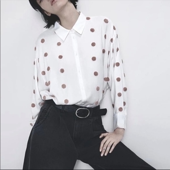 Zara Tops - Zara White Button Down Shirt with Textured Pom Pom Polka Dots size M